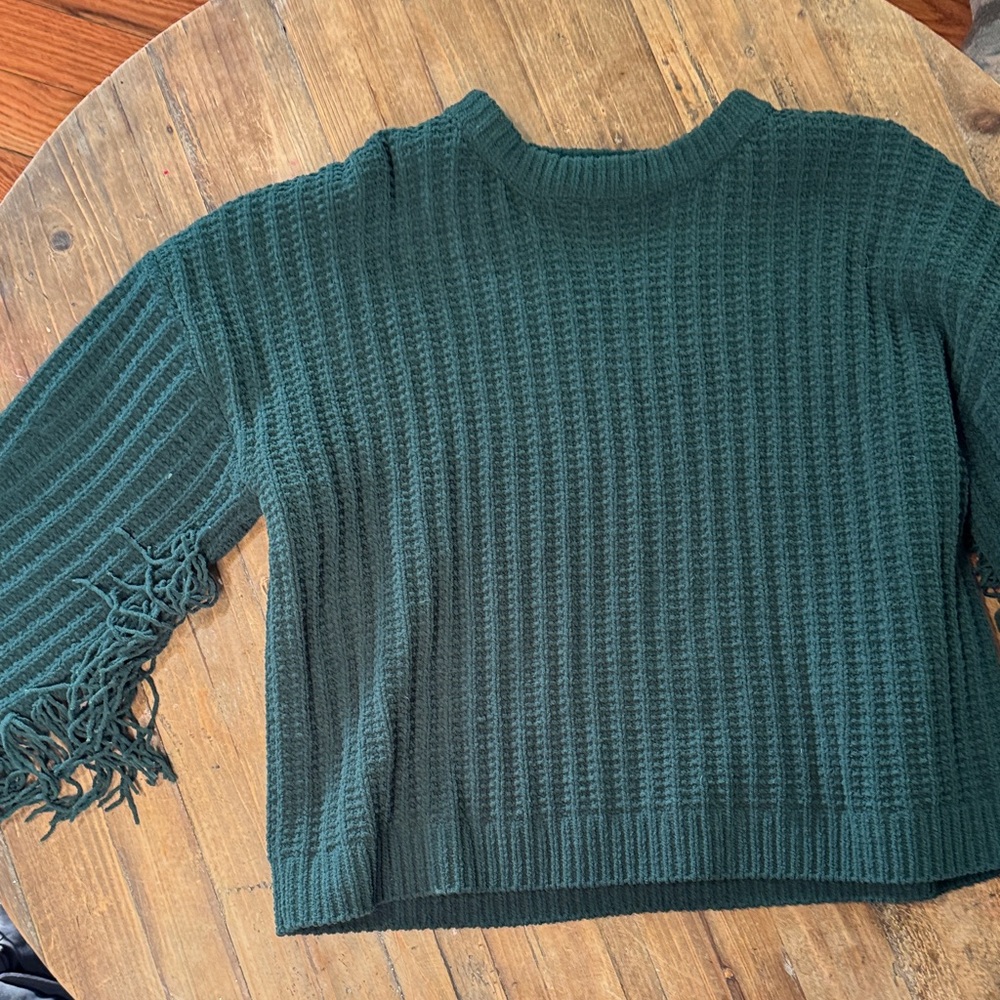 Chic Forest Green Sweater with Fringe Sleeves